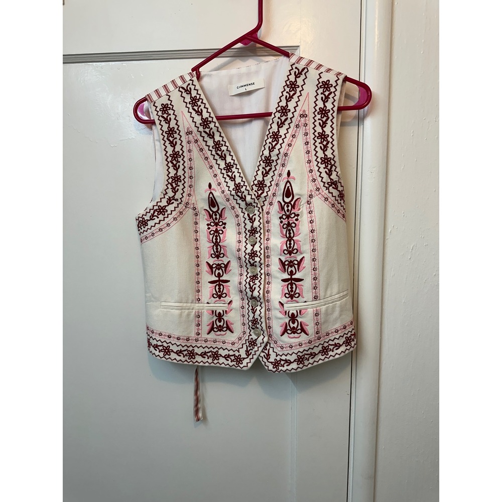 Commense Embroidered Cotton Vest Womens Large White Burgundy Floral Waistcoat L